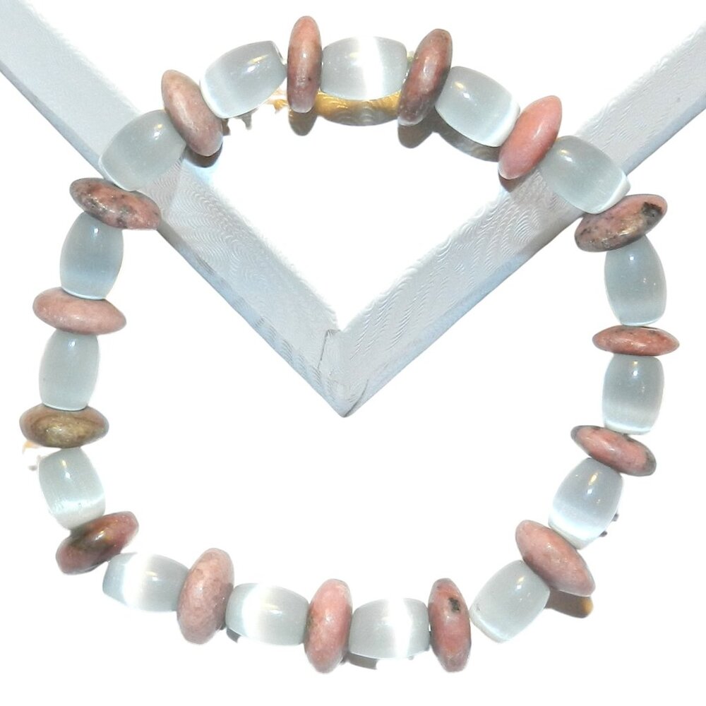 Pink Rhodonite & Blue Cat's Eye Glass & Gemstone 7" Stretch Bead Bracelet BR481